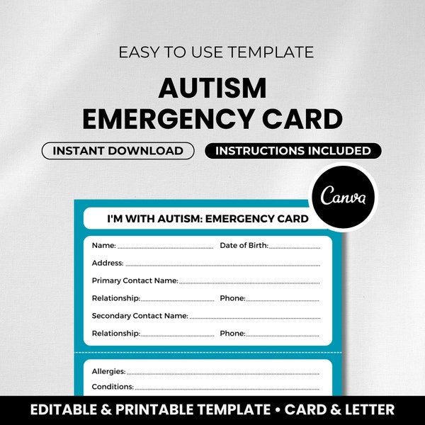 Autism Emergency Card • Printable I'm with Autism Alert Card • Emergency Care Card for Autism • Digital Download • Editable Canva Template