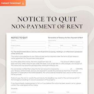 Notice to Quit PDF, Termination Letter for Nonpayment of Rent, Printable Eviction Form for Landlords, Digital Download Tenant Notice
