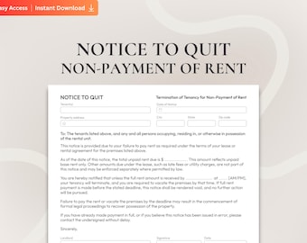Notice to Quit PDF: Tenant Eviction Form for Nonpayment of Rent (Digital Download)