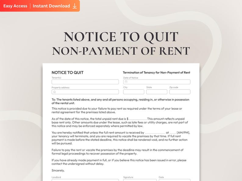 Quit Rent Statement Notice to Quit PDF: Tenant Eviction Form for Nonpayment of Rent ...