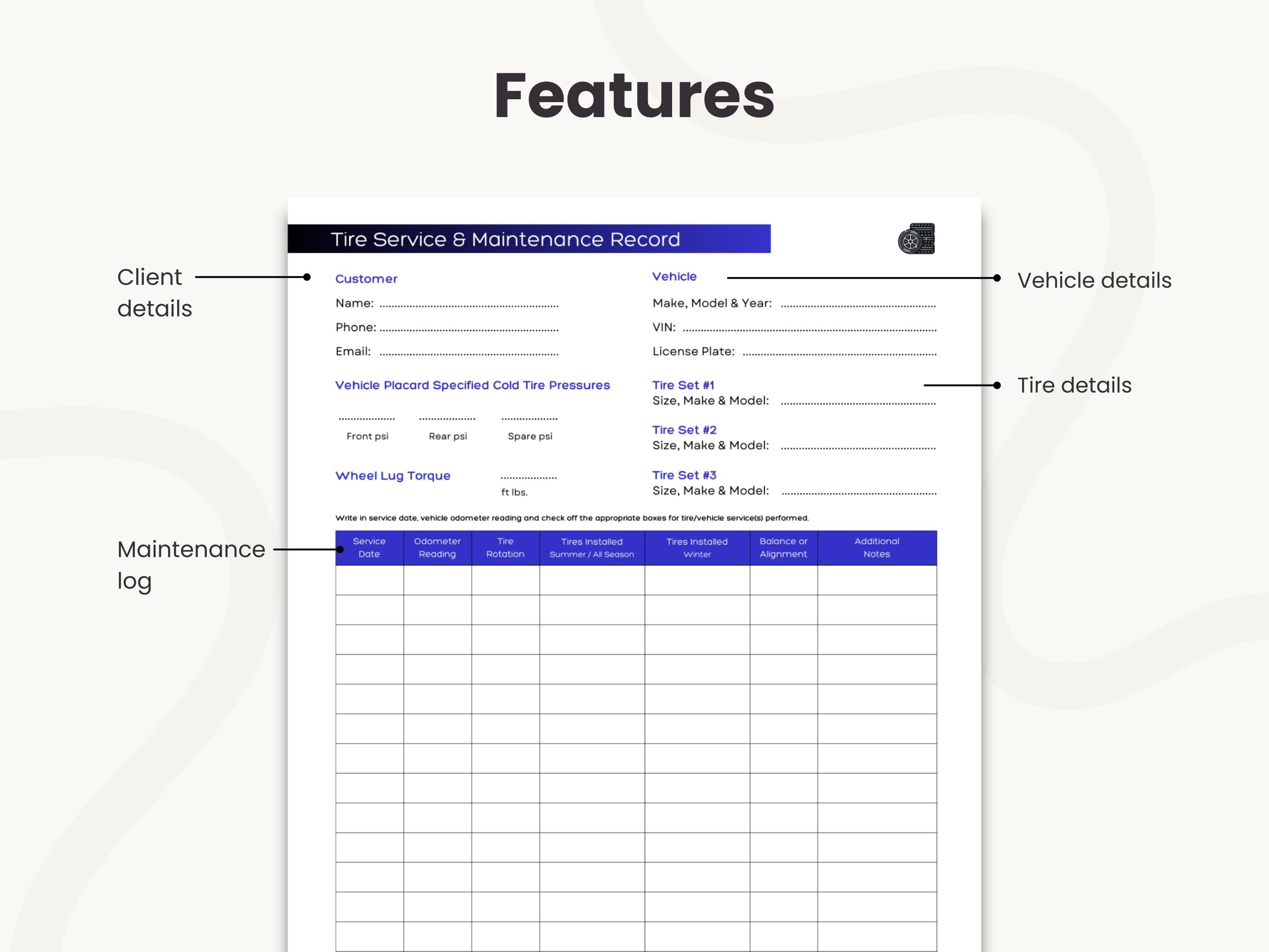 Tire Service and Maintenance Record, Tire Care Log, Tyre Service ...
