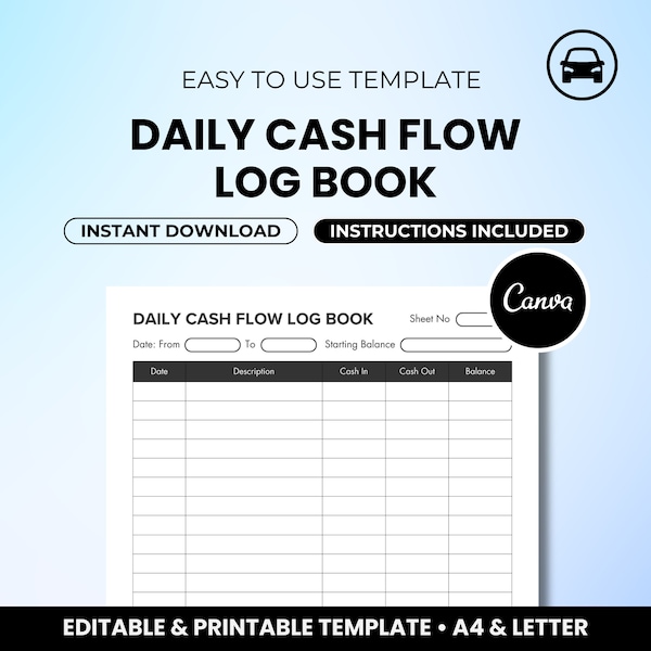 Daily Cash Flow Log Template • Petty Cash Tracking • Financial Journal for Cash Inflows and Outflows • Simple Ledger for Business • Canva