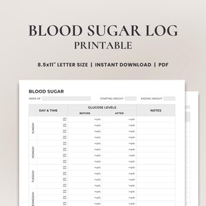 Könnte beinhalten: Druckbarer Blutzucker-Logbuch-Tracker mit Abschnitten für die Woche, das Startgewicht, das Endgewicht, Tag und Uhrzeit, Blutzuckerspiegel vor und nach, und Notizen. Der Tracker ist für ein Papier im Format 8,5 x 11 Zoll (Letter) ausgelegt.