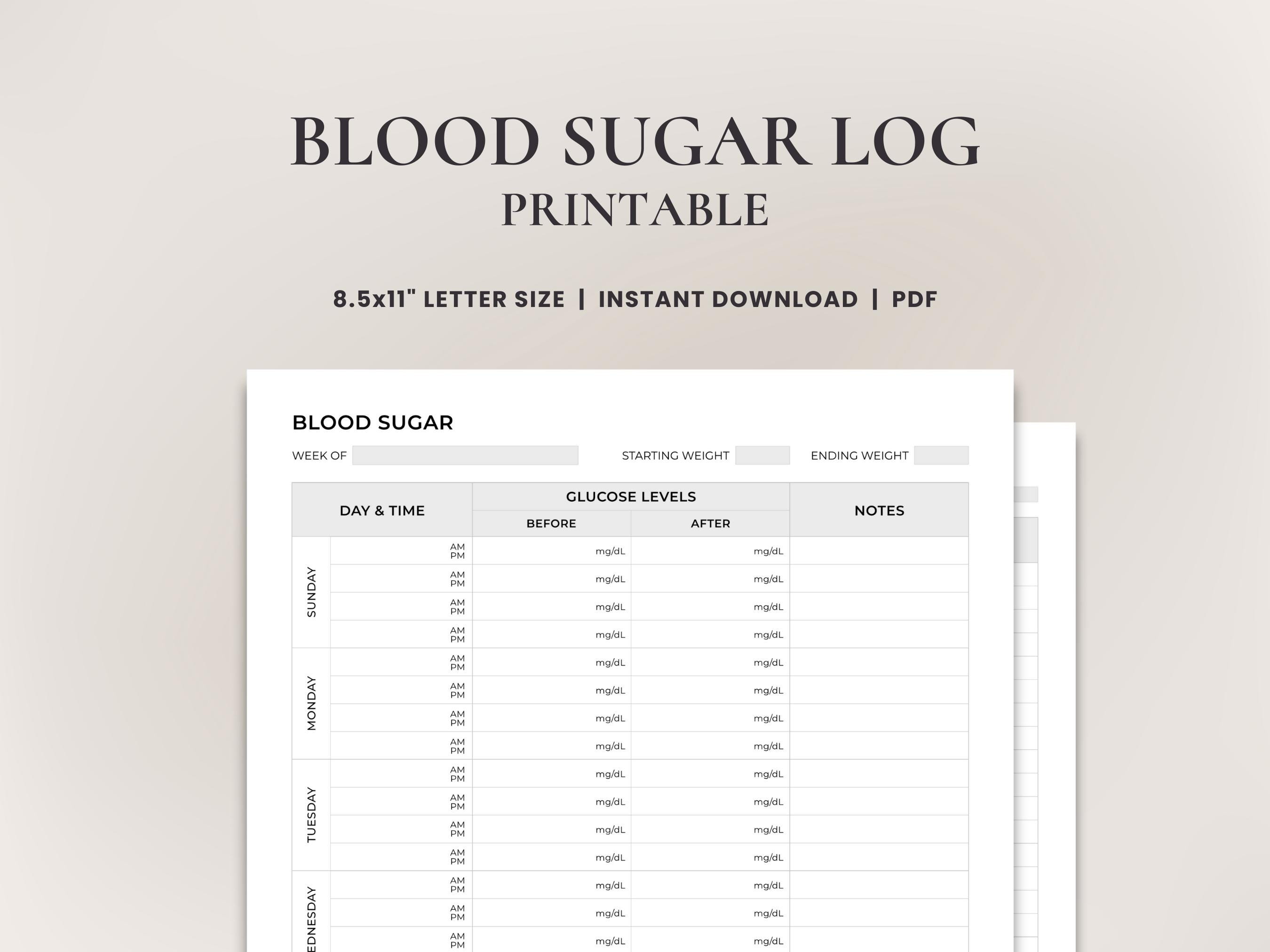 Blood Sugar Log Printable • Weekly Glucose Tracker PDF • Blood Glucose Monitoring Chart • Diabetes Log Sheet Template | Printable PDF