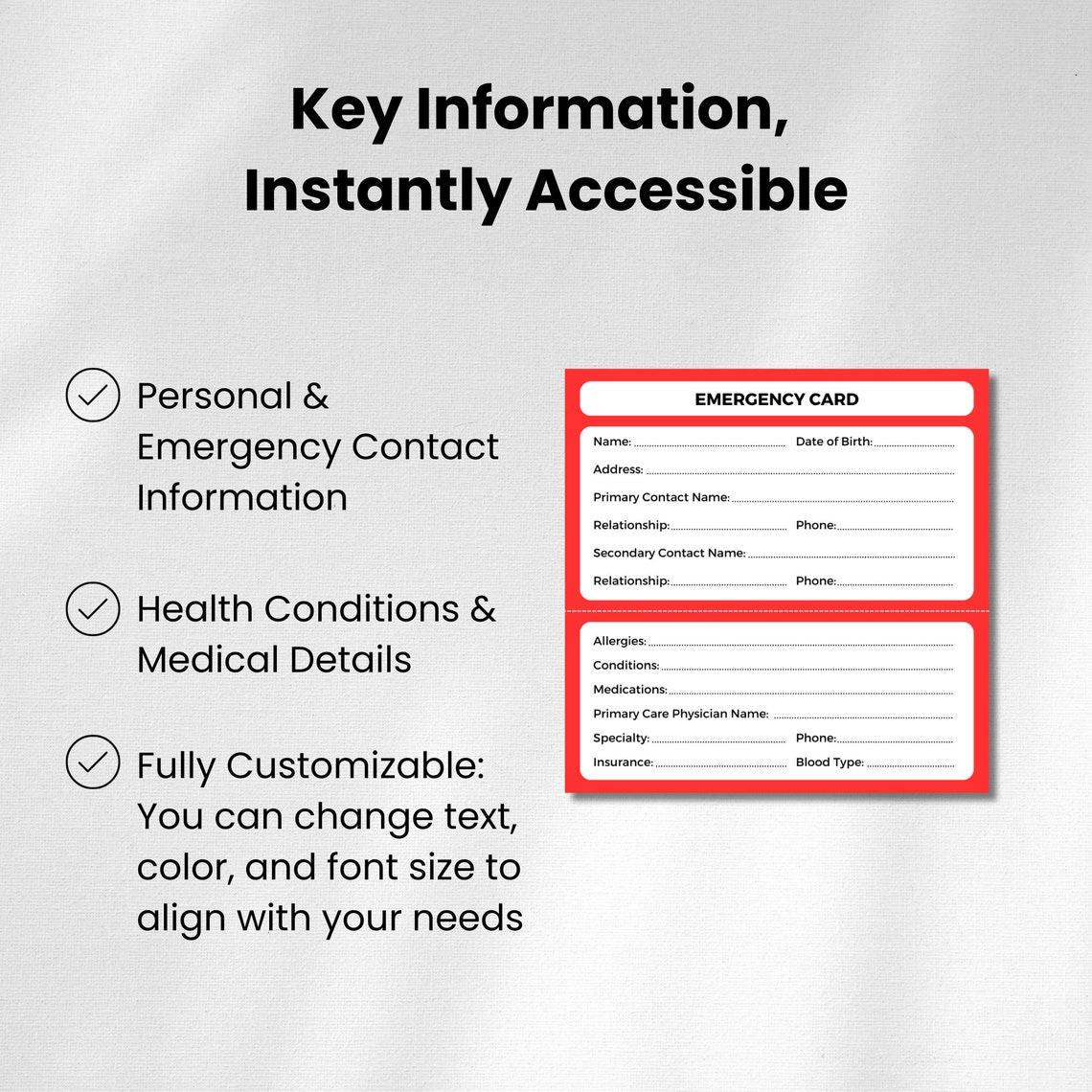 Printable Emergency Card Template Emergency Card for Wallet Emergency Contact Card Business Card