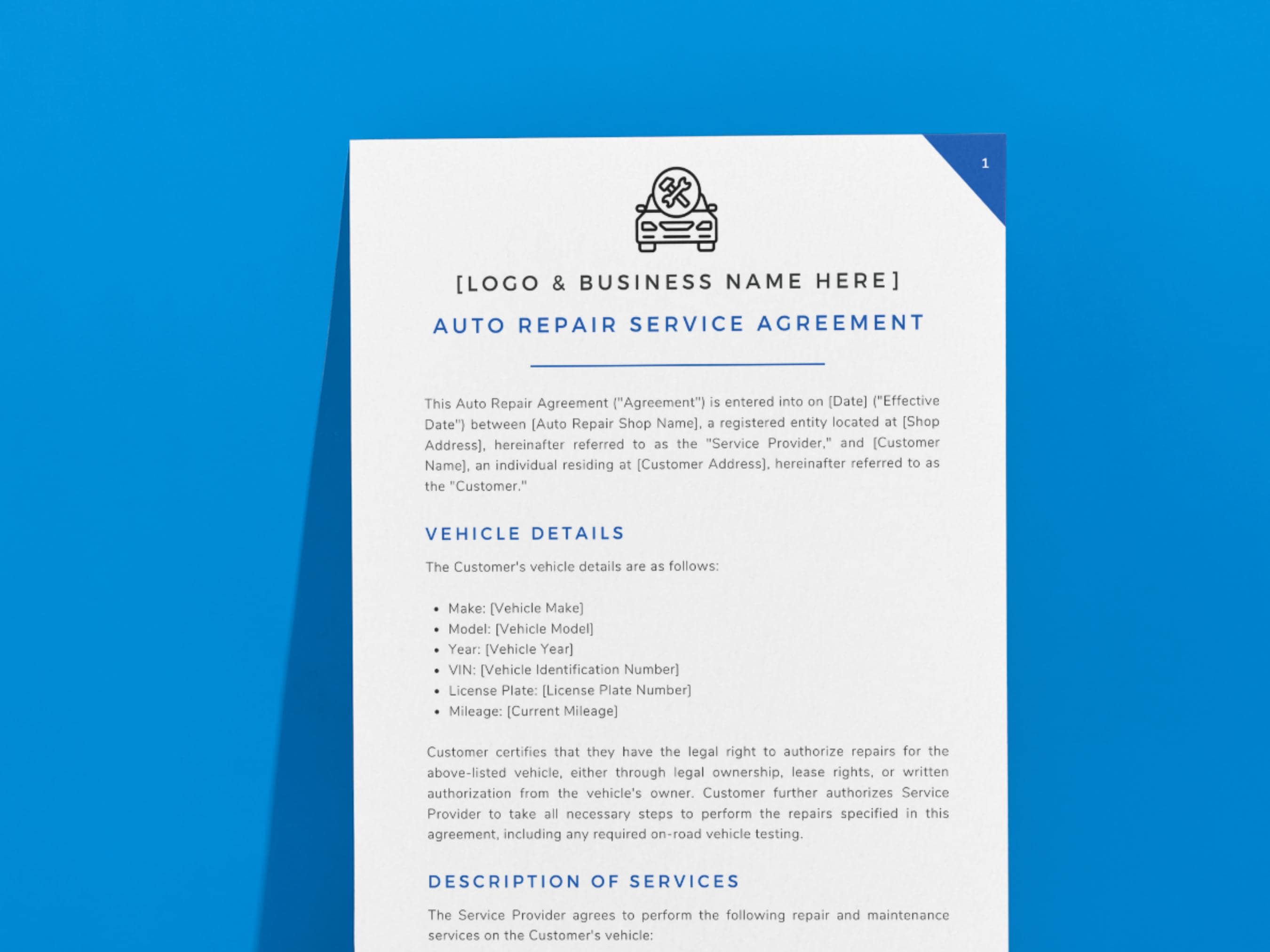Auto Repair Service Agreement Template • Vehicle Maintenance Contract ...