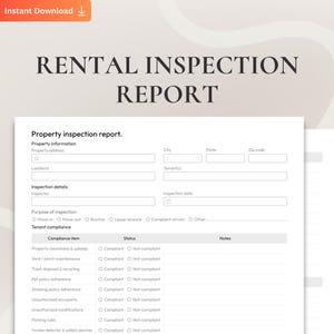 Puede incluir: Una plantilla blanca de informe de inspección de alquiler con el título "RENTAL INSPECTION REPORT" en letras grandes y oscuras. El formulario incluye secciones para información de la propiedad, detalles de la inspección y cumplimiento del inquilino.