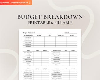 Monthly Budget Breakdown Template (Printable + Fillable), Personal Finance Tracker Budget Planner PDF, Instant Download Budget Sheet