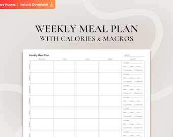 Printable Weekly Meal Planner with Macros and Calorie Tracker, Fillable Digital Meal Prep Template, Diet Food Journal PDF Download