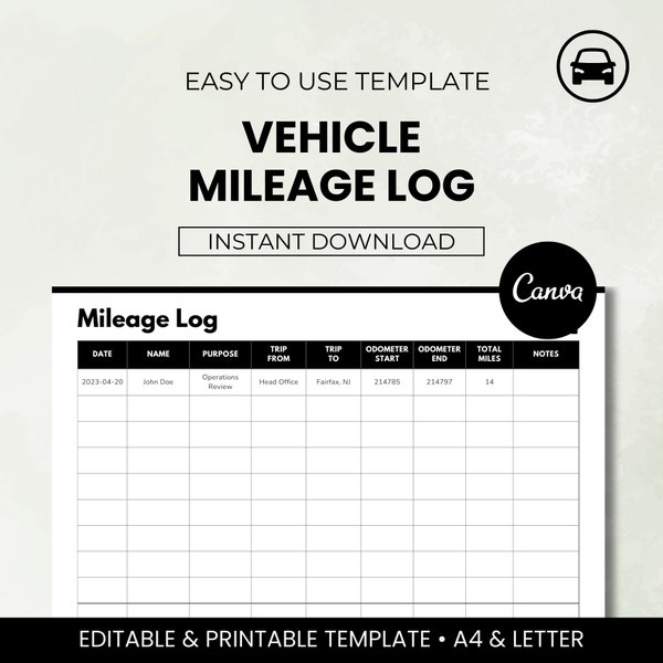 Auto Mileage Log Template • Car Mileage Record • Vehicle Distance Tracker • Odometer Journal • Downloadable Canva Template • Printable PDF