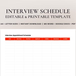 Könnte beinhalten: Eine druckbare Interview-Planungsvorlage auf weißem Hintergrund mit roten Überschriften. Die Überschriften umfassen: Datum, Startzeit, Endzeit, Bewerber, Position, Interviewer und Ort.
