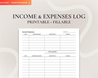 Minimalist Income and Expense Log Printable PDF, Fillable Undated Budget Sheet, Personal Finance Tracker One Page Budget Planner