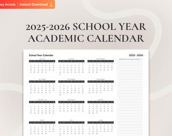 Printable School Year Calendar 2025–2026, Academic Year Planner July–June, Blank Yearly Calendar Template for Teachers, Parents & Students