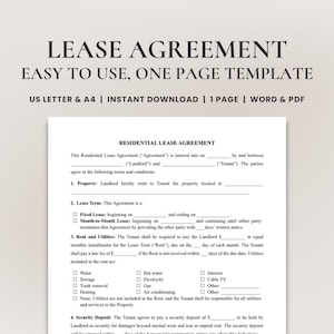 May include: A black and white printable lease agreement template for residential properties. The document includes sections for property details, lease term, rent and utilities, security deposit, and more.