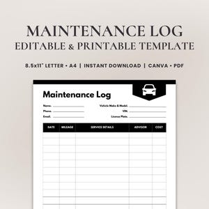 Auto Repair Maintenance Log Template • Vehicle Service Record • Car Maintenance Journal • Automobile Repair Log • Editable Canva Template