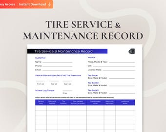 Tire Service and Maintenance Record, Tire Care Log, Tyre Service History to Track Tire Rotation Balancing Pressure and Replacement History