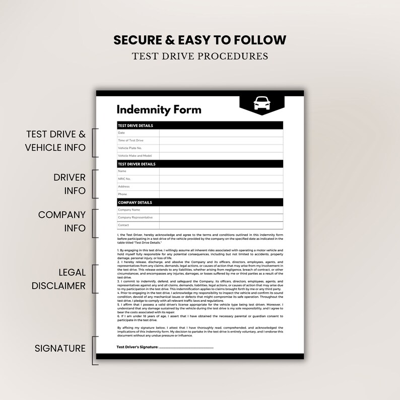 Test Drive Indemnity Form Template • Test Drive Liability Waiver • Printable Release Form ...