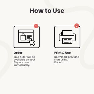 K&ouml;nnte beinhalten: Infografik "So geht's" mit zwei Schritten. Schritt 1 zeigt einen Computerbildschirm mit Einkaufstaschensymbol und Cursor, beschriftet mit "Bestellen". Schritt 2 zeigt ein Druckersymbol, beschriftet mit "Drucken & Verwenden".