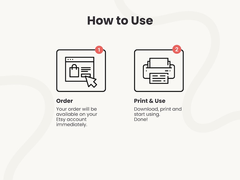 K&ouml;nnte beinhalten: Infografik "So geht's" mit zwei Schritten. Schritt 1 zeigt einen Computerbildschirm mit Einkaufstaschensymbol und Cursor, beschriftet mit "Bestellen". Schritt 2 zeigt ein Druckersymbol, beschriftet mit "Drucken & Verwenden".