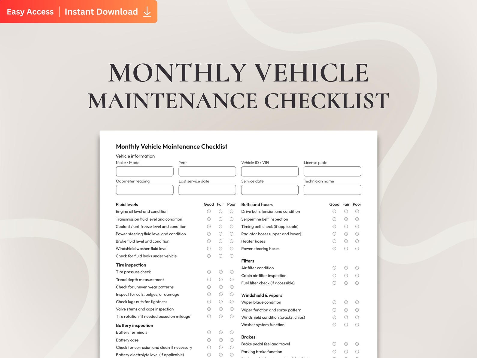 Monthly Vehicle Maintenance Checklist, Car Maintenance Checklist ...