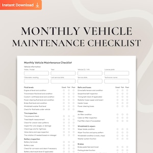 Könnte beinhalten: Eine druckbare monatliche Checkliste für die Fahrzeugwartung. Die Checkliste enthält Abschnitte für Fahrzeuginformationen, Flüssigkeitsstände, Reifeninspektion, Batterieinspektion und mehr. Das Dokument ist weiß mit schwarzem Text.