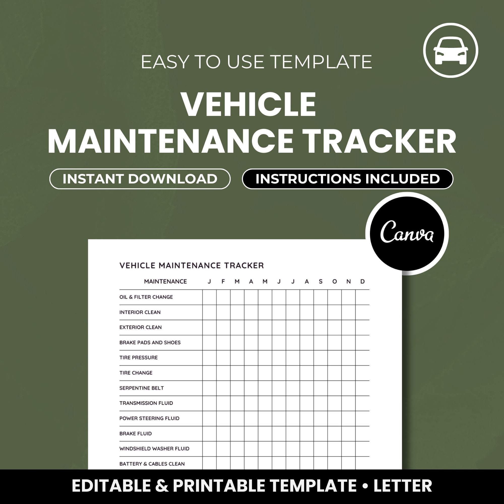 Annual Car Maintenance Tracker Letter Size Vehicle Care Tracker ...