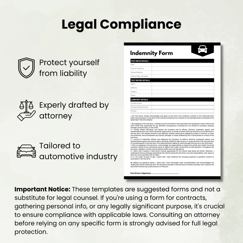 Test Drive Indemnity Form Template Test Drive Liability - Etsy