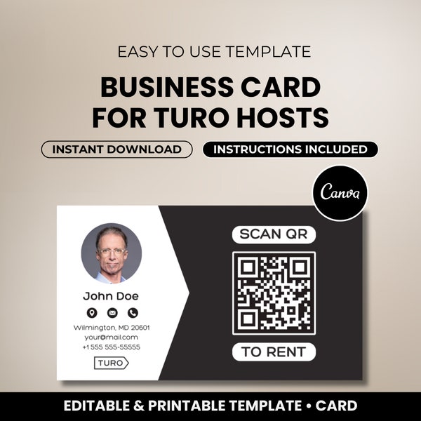 Custom Business Card for Turo Hosts • Rental Car Business Card • Auto Rental Contact Card with Custom QR Code • Printable Canva Template