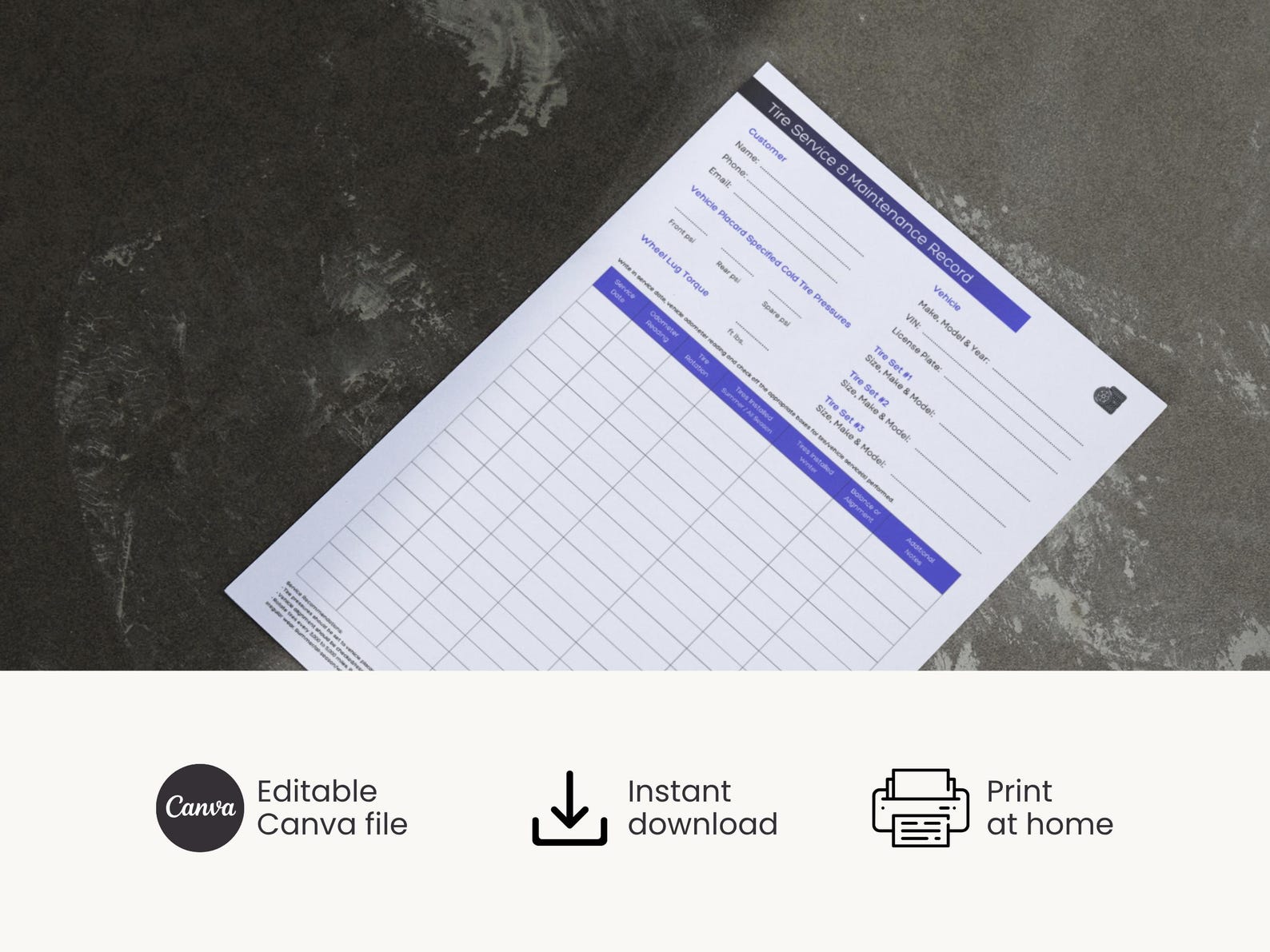 Tire Service and Maintenance Record, Tire Care Log, Tyre Service ...