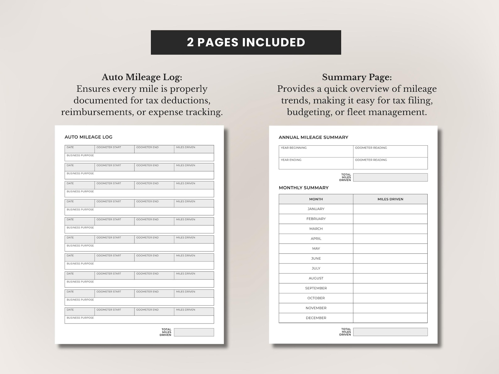 Printable Auto Mileage Log • Small Business Mileage Record • Odometer ...