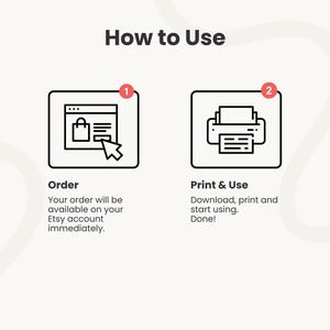 May include: An instructional graphic with the title "How to Use". It features two numbered steps: "Order" with an icon of a shopping cart on a website, and "Print & Use" with a printer icon. Text explains the process.