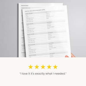 May include: Two white sheets of paper with a password organizer layout. The top sheet reads "PASSWORDS" and "DIGITAL WALLETS & PAYMENT APPS". The bottom of the image shows a customer review with four gold stars and the text "I love it it's exactly what I needed."