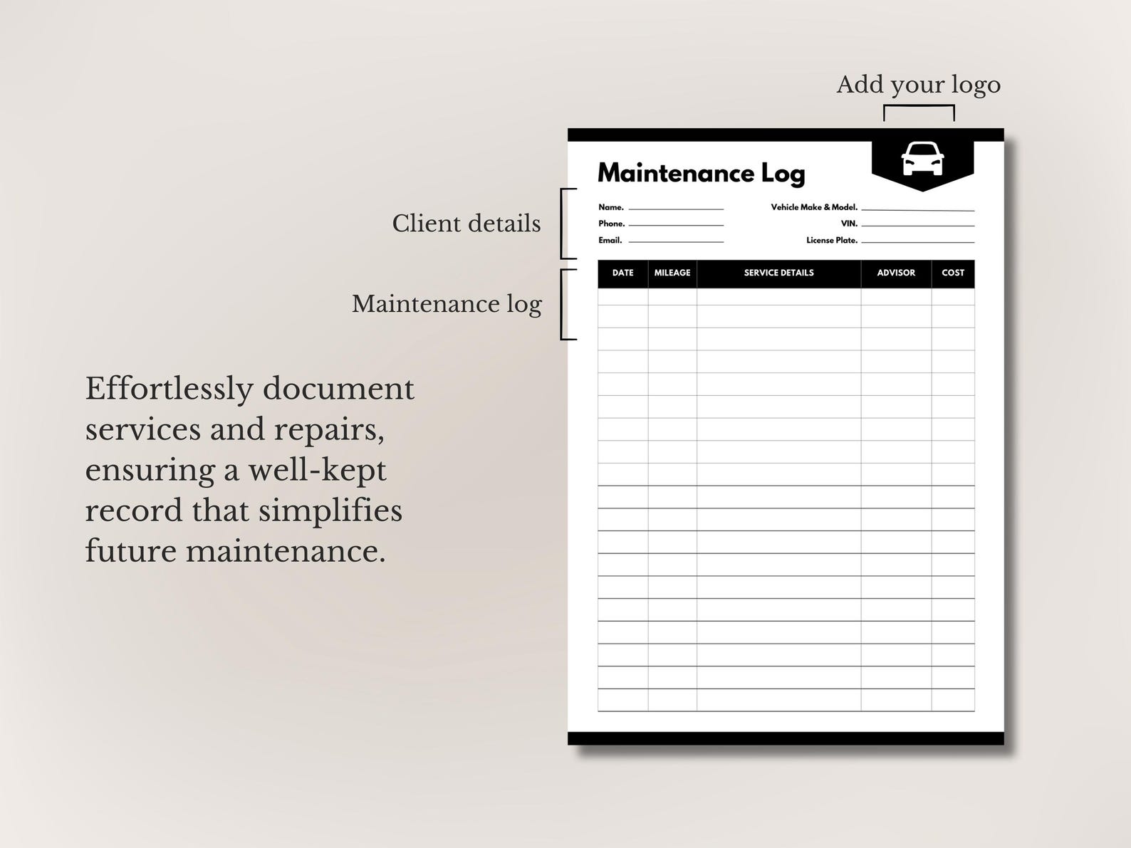 Auto Repair Maintenance Log Template • Vehicle Service Record • Car ...