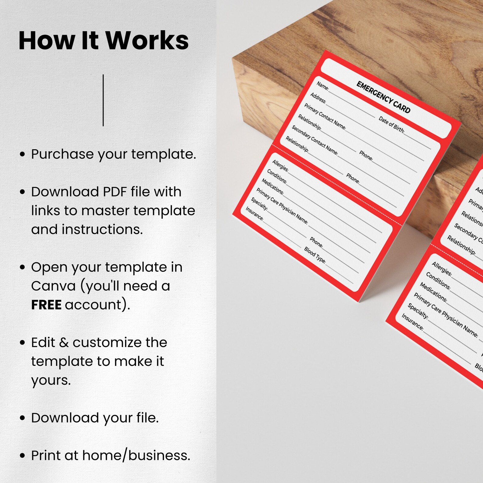 Printable Emergency Card Template Emergency Card for Wallet Emergency Contact Card Business Card