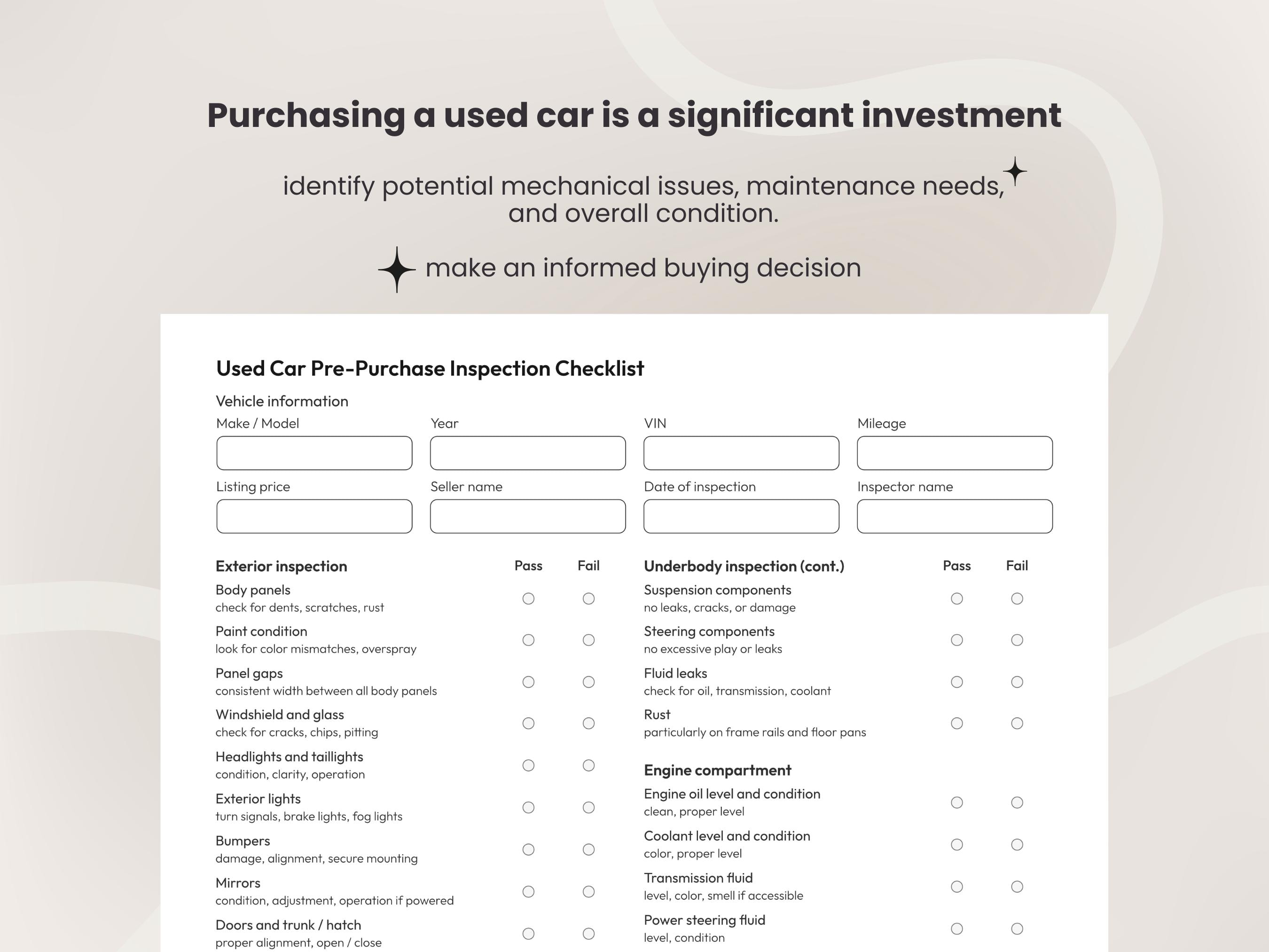 Used Car Test Drive Checklist.pdf Used Car Inspection Checklist, Vehicle Pre-purchase Inspection Form ...