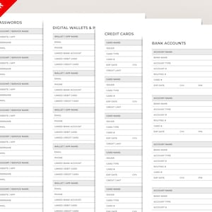 May include: A bundle of white paper sheets with sections for recording passwords, digital wallets, credit cards, and bank accounts. Each section has labeled fields for account details, with a "Bundle Offer" banner in the top left corner.
