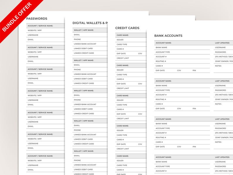 May include: A bundle of white paper sheets with sections for recording passwords, digital wallets, credit cards, and bank accounts. Each section has labeled fields for account details, with a "Bundle Offer" banner in the top left corner.