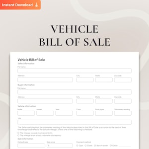 Vehicle Bill of Sale PDF, Printable and Fillable Car Sale Form, Used Car Bill of Sale, Auto Sale Receipt, Private Party Car Sale Form