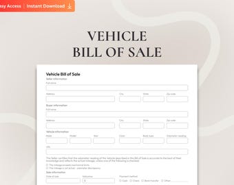 Vehicle Bill of Sale PDF, Printable and Fillable Car Sale Form, Used Car Bill of Sale, Auto Sale Receipt, Private Party Car Sale Form