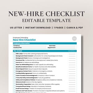 Comprehensive New Hire Checklist • Customizable HR Forms • Digital Employee Onboarding Checklist for Streamlined Hiring | Canva & PDF