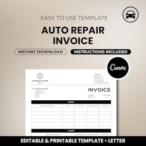 Car Repair Invoice Template • Custom Automotive Service Invoice • Auto Repair Billing Form • Editable and Printable • Canva Template