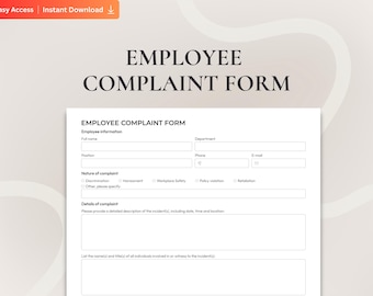 Employee Complaint Form for Workplace Issues, Office Complaint Record Template, Staff Complaint Letter, Workplace Conflict Report HR Form
