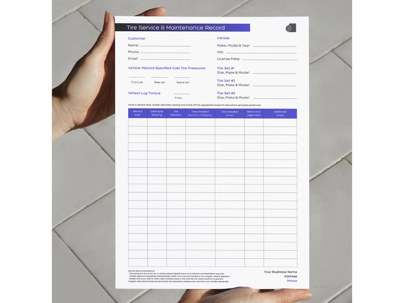 Tire Service and Maintenance Record, Tire Care Log, Tyre Service ...