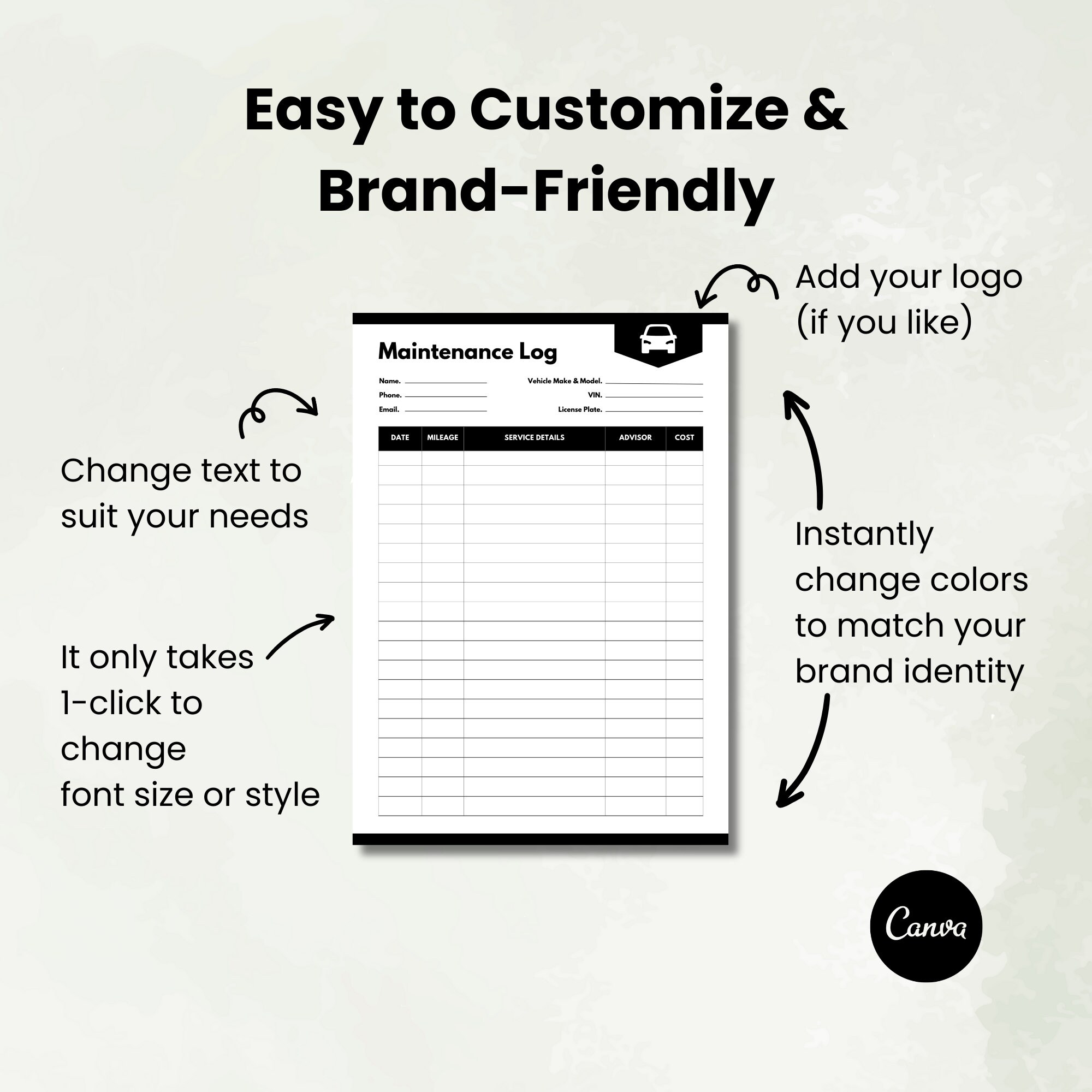 Auto Repair Maintenance Log Template Vehicle Service Record Car ...