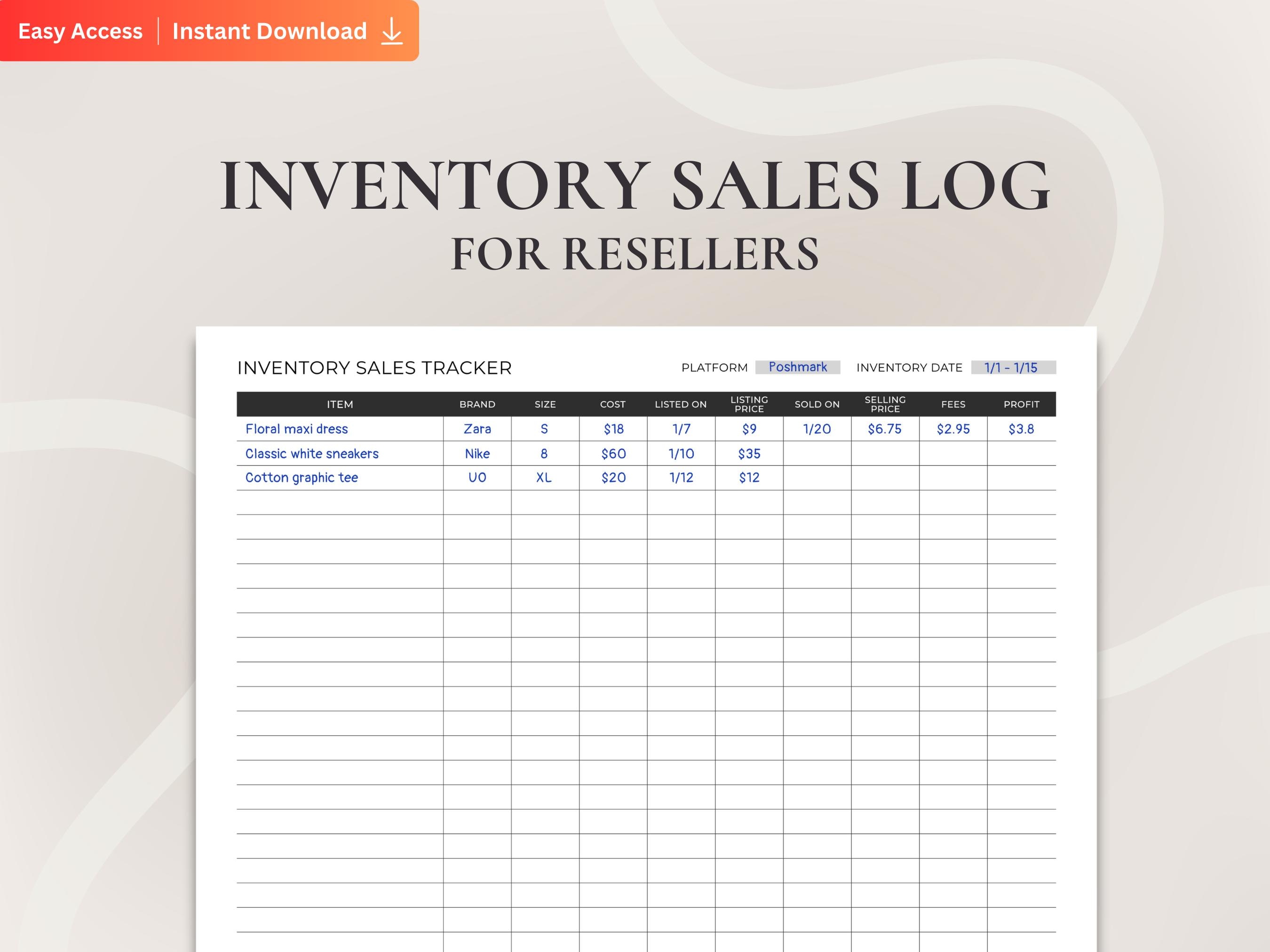 Reseller Inventory Tracker Printable, Poshmark Seller Inventory Sales ...