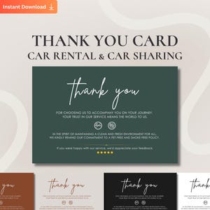 Modelo de cartão de agradecimento editável para empresa de aluguel de carros, nota para cliente de compartilhamento de carros para impressão, cartão de agradecimento para compartilhamento de viagens para download instantâneo