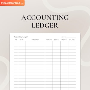 Puede incluir: Un libro de contabilidad blanco con una cuadrícula de líneas y columnas para registrar transacciones financieras. El título "ACCOUNTING LEDGER" se muestra en letras grandes y oscuras en la parte superior.