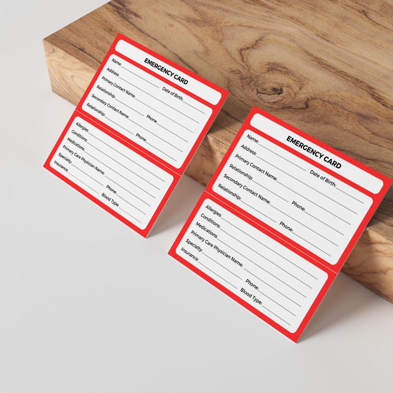 Printable Emergency Contact Card for Wallet Compact Business Card Size ...