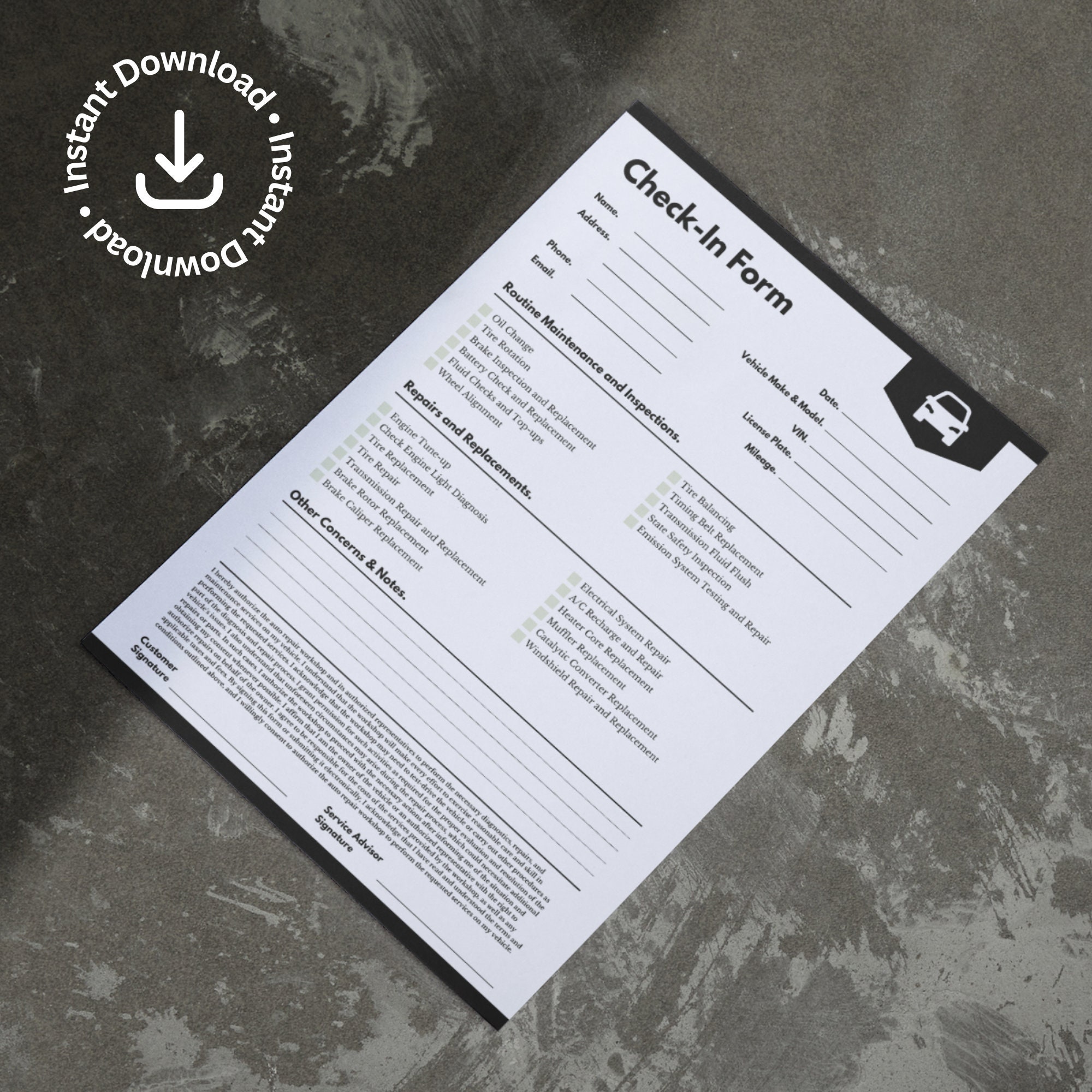 Auto Repair Customer Check in Sheet Template Vehicle Maintenance Client ...