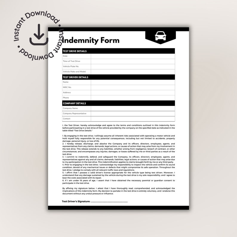Test Drive Indemnity Form Template • Test Drive Liability Waiver • Printable Release Form ...